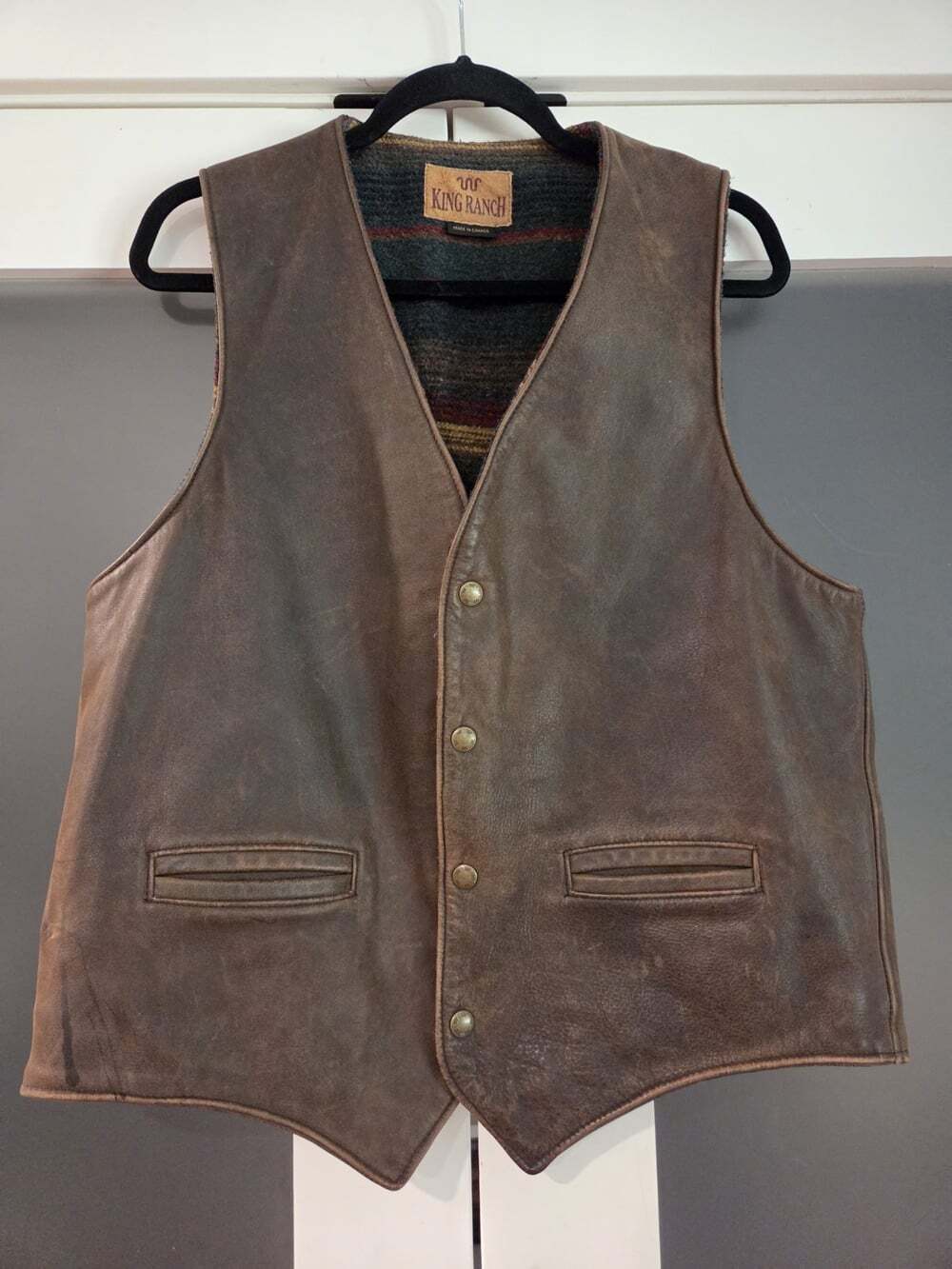 Vintage King Ranch Leather Wool Blanket Lined Western Vest Men's Size L Brown